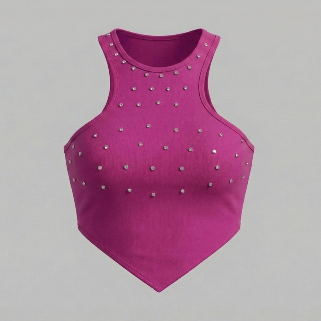 Pink crop top with silver studs on a gray background