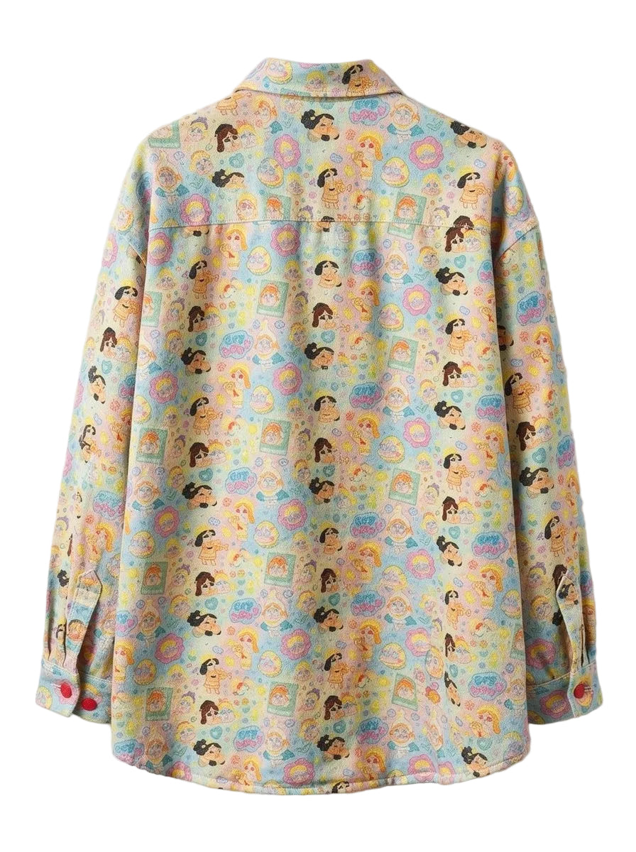 Colorful shirt with character pattern on a white background