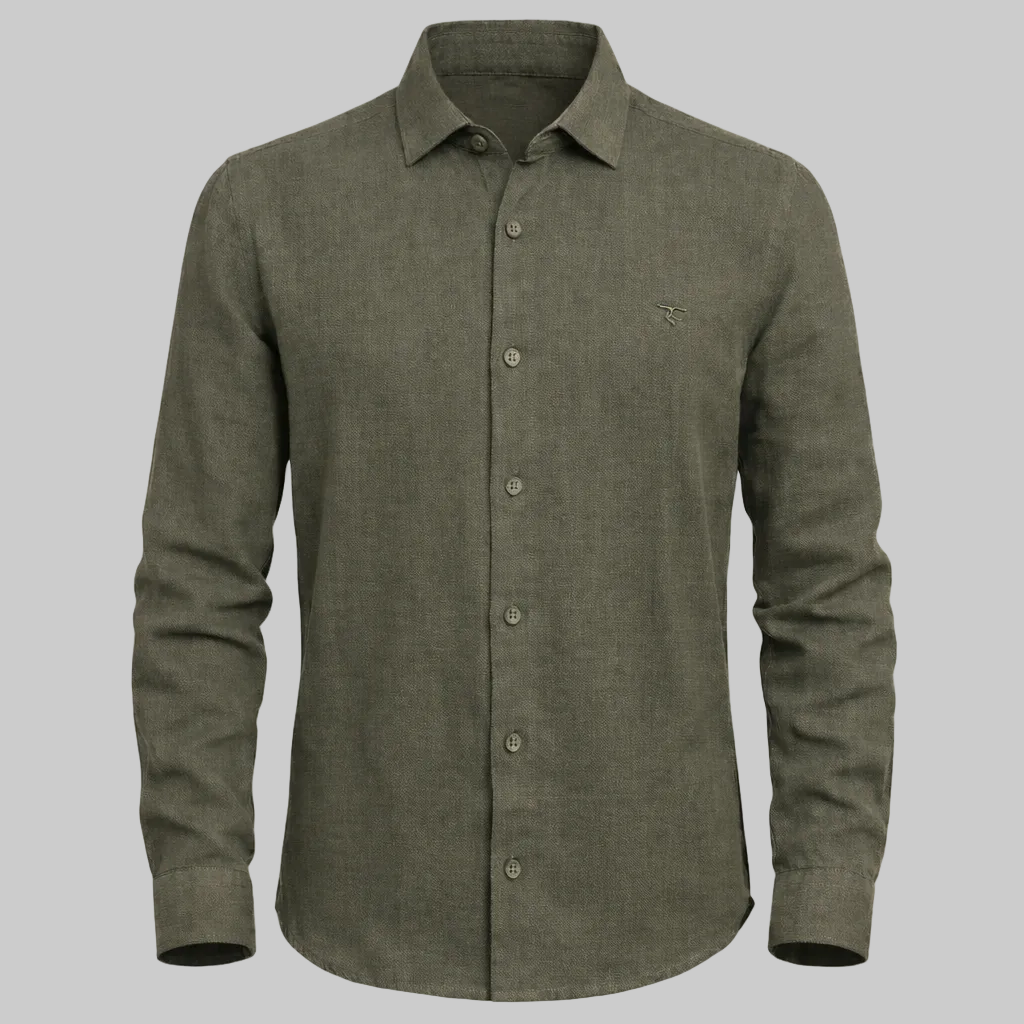 Green button-up shirt on a light gray background