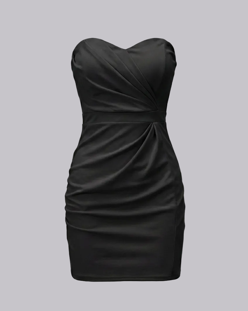 Black strapless dress on a gray background