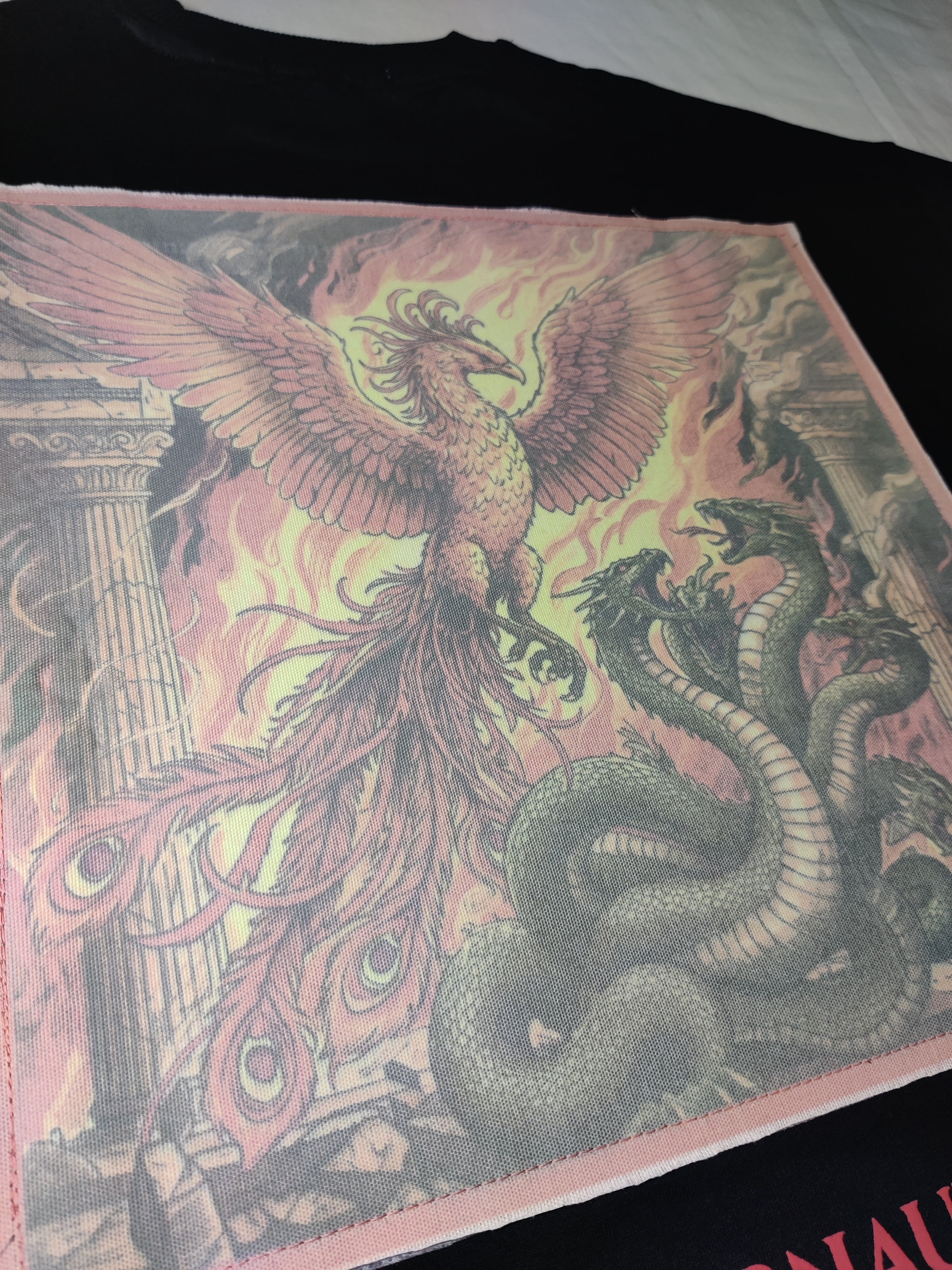 Illustration of a phoenix and a serpent on a black background