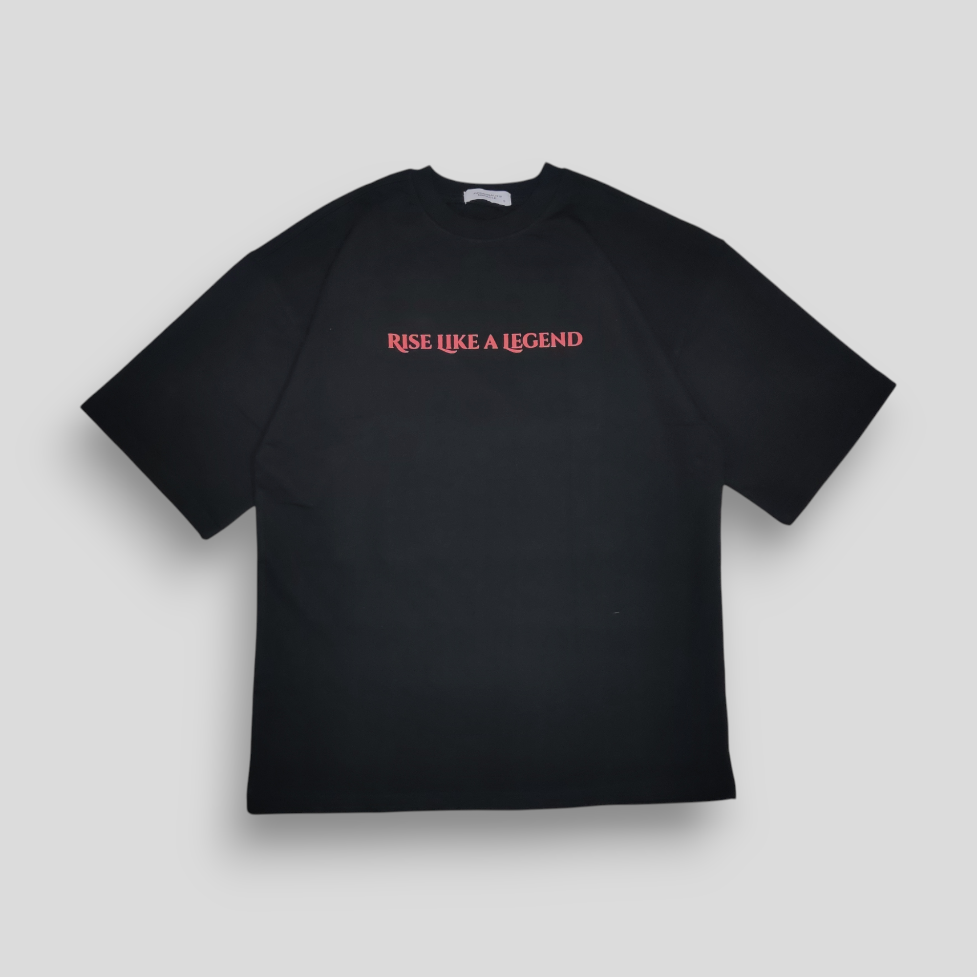 Black cotton t-shirt with 'Rise Like a Legend' text in red on the front and a graphic print of a Phoenix and Hydra on the back.